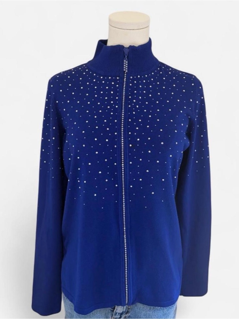 Fontana Blue Full‑Zip Rhinestone Detail Sweater